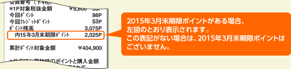 2015年3月末期限ポイントがある場合、左図のとおり表示されます。この表記がない場合は、2015年3月末期限ポイントはございません。