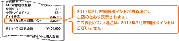 2017
年3月末期限ポイントがある場合、左図のとおり表示されます。この表記がない場合は、2017年3月末期限ポイントはございません。