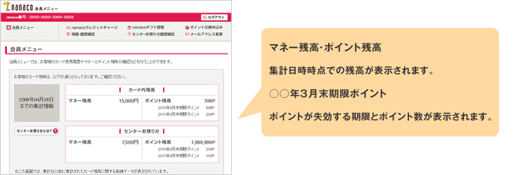 マネー残高・ポイント残高 集計日時時点での残高が表示されます。 ○○年3月末期限ポイント ポイントが失効する期限とポイント数が表示されます。